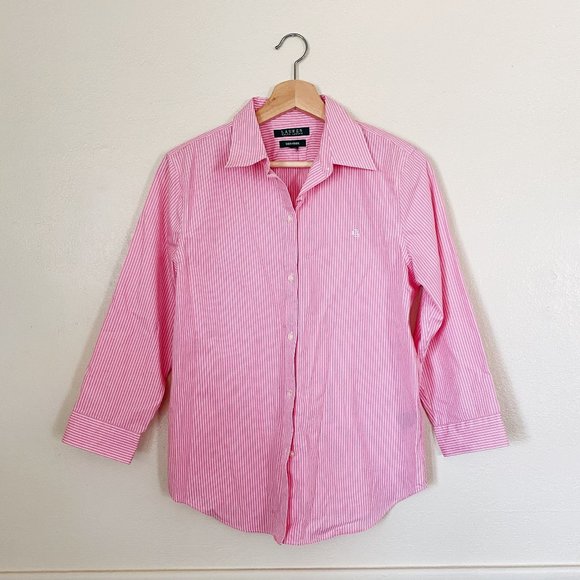 Lauren Ralph Lauren | Pink Striped Button up with 3/4 sleeves - Picture 2 of 6
